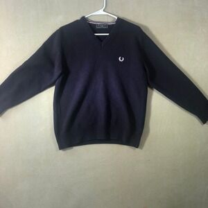 Fred Perry Sweater Mens 46 XL Purple V-Neck Wool Blend Laurel Wreath Logo